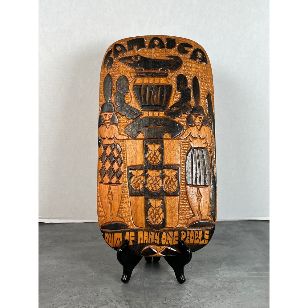 Vintage Jamaica Hand Carved Wood Wall Plaque Coat of Arms Out of Many One People